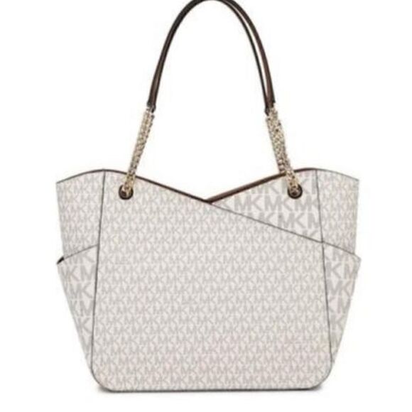 Michael Kors NWT Large Jet Set Travel Tote Handbag Signature Vanilla Gold Chain - Picture 6 of 12